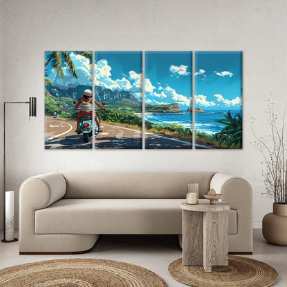 4pcs Scooter Rider on a Coastal Road Wall Art Canvas Framed 45x80cm - High Quality Print 100% Australian Made Wall Canvas Ready to Hang