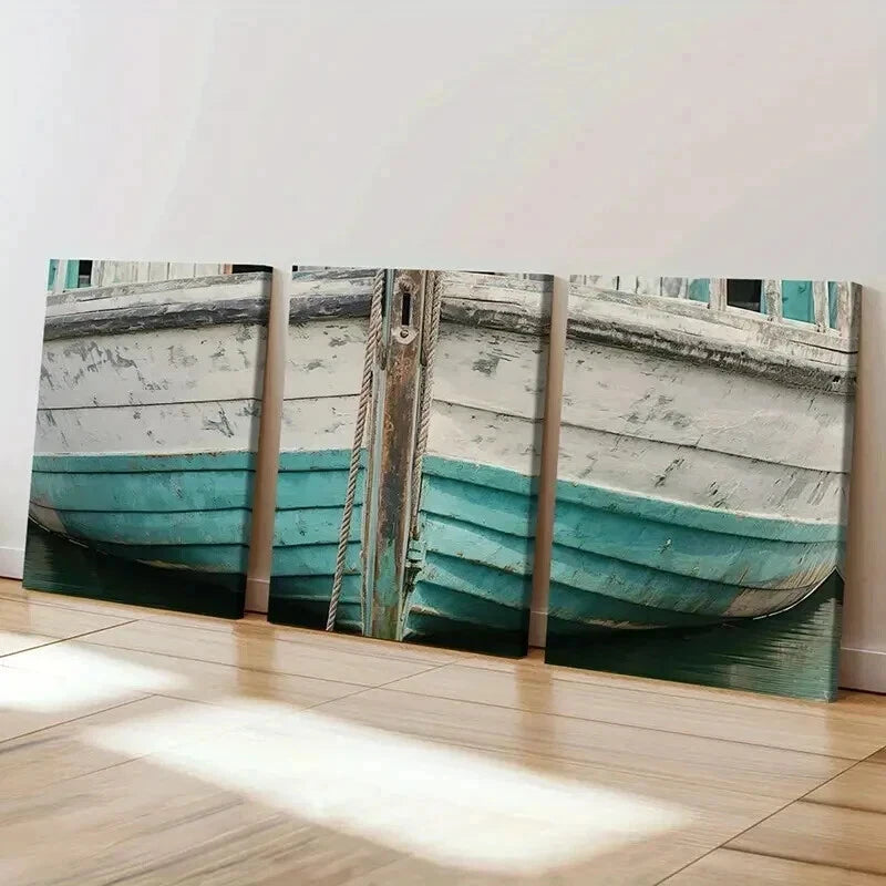3pcs Vintage Weathered Wooden Boat Wall Art Set Canvas Framed 40x60cm - High Quality Print 100% Australian Made Wall Canvas Ready to Hang