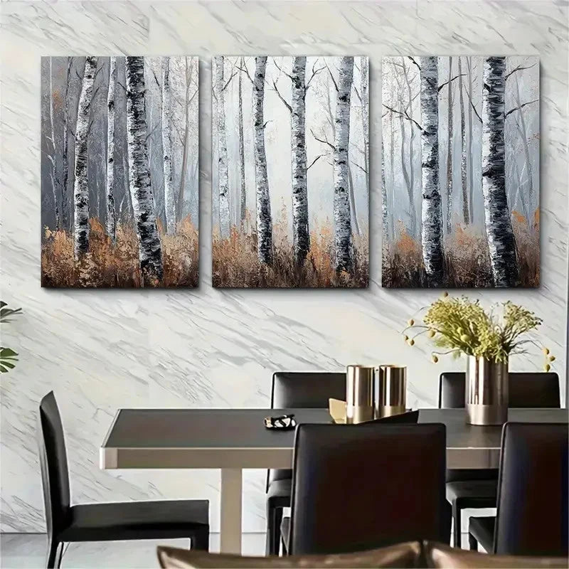 3pcs Birch Trees Tree Forest Impasto Perfect Wall Art Set Canvas Framed 60x90cm - High Quality Print 100% Australian Made Wall Canvas Ready to Hang