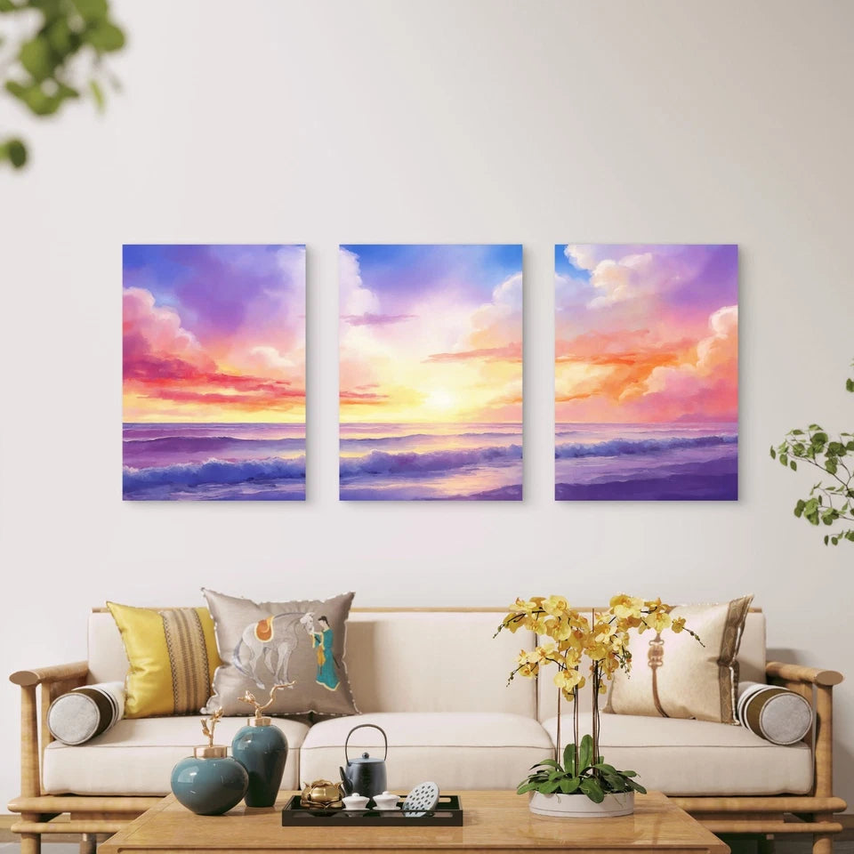 3pcs Pastel Pink Clouds Drift Over Waves Wall Art Set Canvas Framed 40x60cm - High Quality Print 100% Australian Made Wall Canvas Ready to Hang