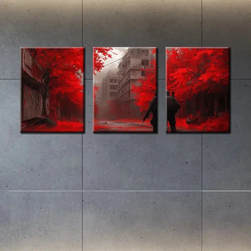 3pcs Vibrant Red Cityscape Modern Metal Print Ready to Hang Art