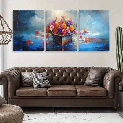 3pcs Colorful Flower Vibrant Floral Boat Perfect Wall Art Set Canvas Framed 40x60cm - High Quality Print 100% Australian Made Wall Canvas Ready to Hang