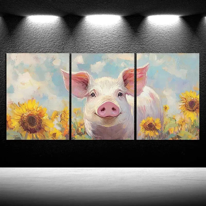 3pcs Sunflower Pigs in The Fields Metal Print Ready to Hang Art