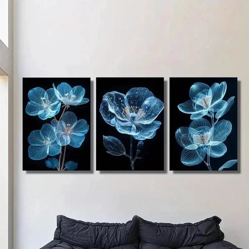 3pcs Bright Blue Flower on Dark Background Wall Art Canvas Unframed - High Quality Print 100% Australian Made Wall Canvas