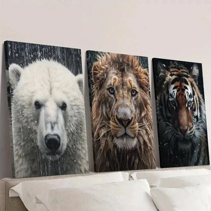 3pcs Polar Bear Lion & Tiger in Rainy Weather Wall Art Set Canvas Unframed - High Quality Print 100% Australian Made Wall Canvas