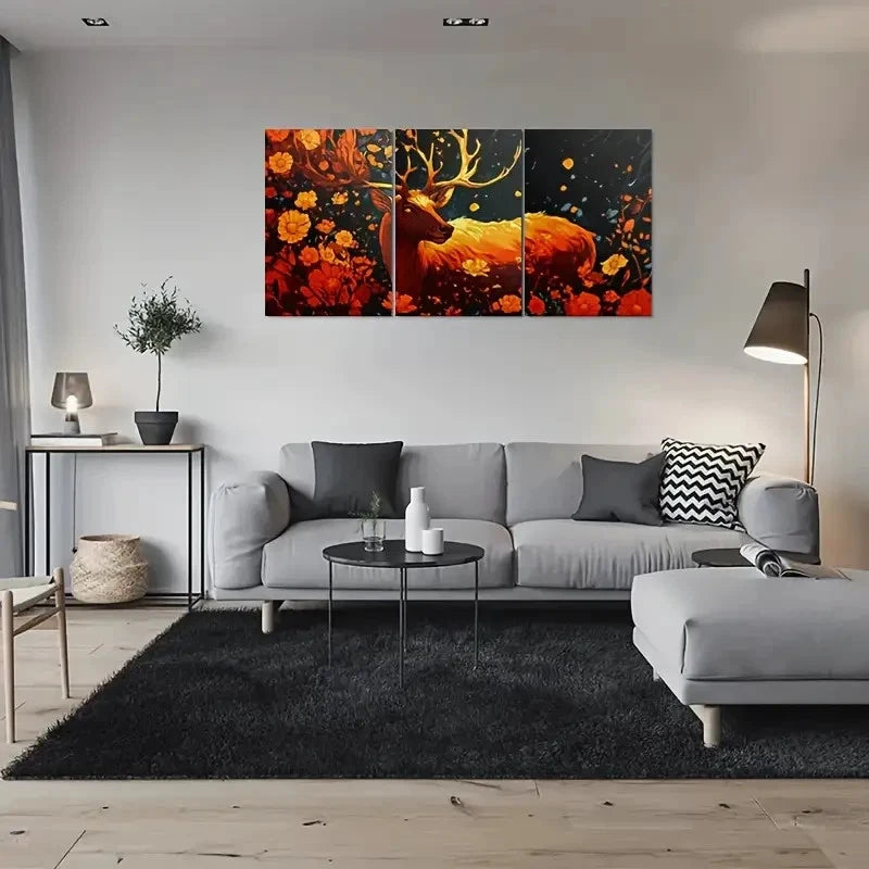 3pcs Golden Deer Modern Floral Metal Print Ready to Hang Art