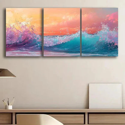3pcs Colorful Beauty Ocean Waves at Sunset Water Wall Art Set Canvas Unframed - High Quality Print 100% Australian Made Wall Canvas