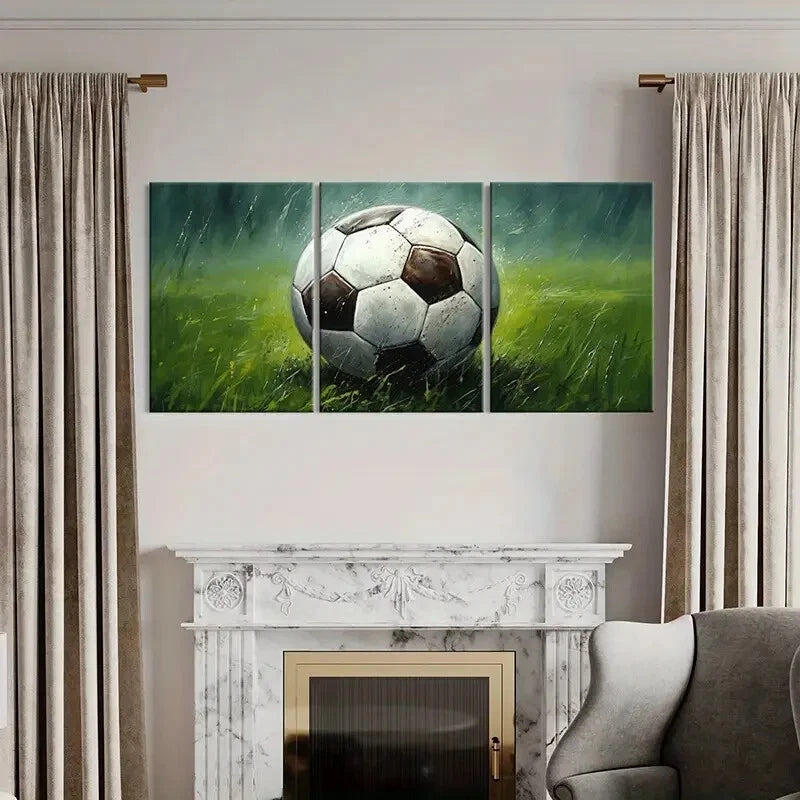 3pcs Abstract Soccer Ball Grass Field Metal Print Ready to Hang Art