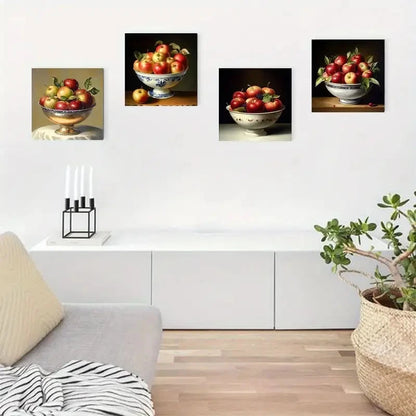 4pcs Apples, Blue & White Porcelain Bowls  Wall Art Canvas Framed