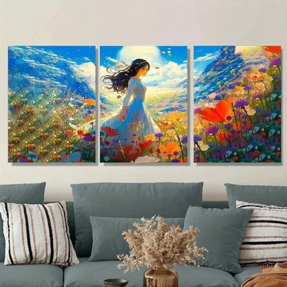 3pcs Beautiful Woman In Flower Vibrant Landscape Wall Art Set Canvas Unframed - High Quality Print 100% Australian Made Wall Canvas