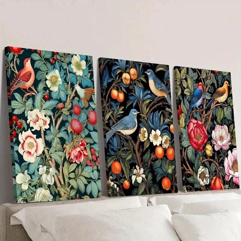 3pcs Vintage Garden Flowers and Birds Wall Art Set Canvas Framed 40x60cm - High Quality Print 100% Australian Made Wall Canvas Ready to Hang