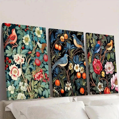 3pcs Vintage Garden Flowers and Birds Wall Art Set Canvas Framed 40x60cm - High Quality Print 100% Australian Made Wall Canvas Ready to Hang