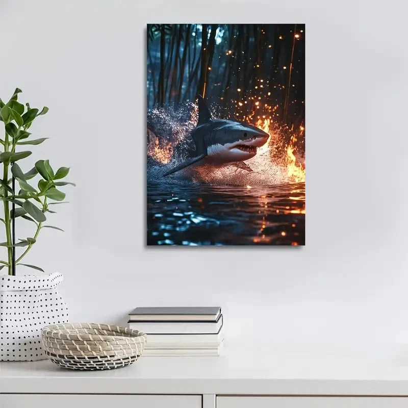 Shark Splashing in Bamboo Grove with Glowing 40x60cm Metal Print Ready to Hang