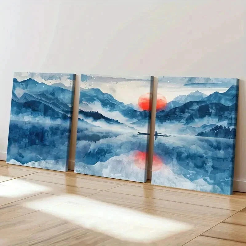 3pcs Traditional Chinese Landscape Sunset Lake Wall Art Set Canvas Framed 40x60cm - High Quality Print 100% Australian Made Wall Canvas Ready to Hang