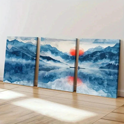 3pcs Traditional Chinese Landscape Sunset Lake Wall Art Set Canvas Framed 40x60cm - High Quality Print 100% Australian Made Wall Canvas Ready to Hang