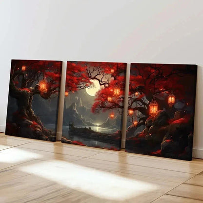 3pcs Moon River Mountains Trees Retro Wall Art Set Canvas Framed 40x60cm - High Quality Print 100% Australian Made Wall Canvas Ready to Hang