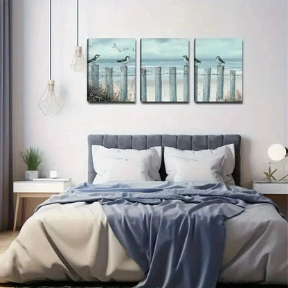 3pcs Beach Landscape Birds with on Fence Wall Art Set Canvas Framed 40x60cm - High Quality Print 100% Australian Made Wall Canvas Ready to Hang