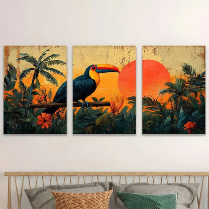 3pcs Tropical Toucan with Sunset Metal Print Ready to Hang Art