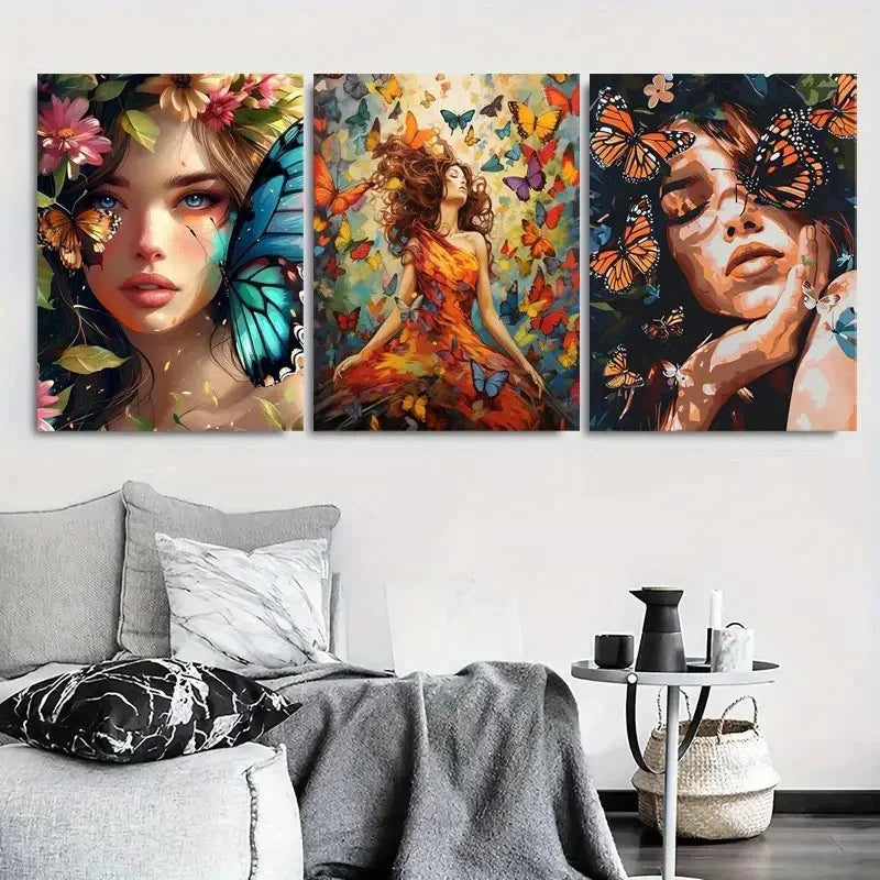 3pcs Boho Chic Butterfly Floral Metal Print Ready to Hang Art