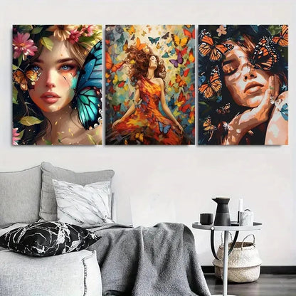 3pcs Boho Chic Butterfly Floral Metal Print Ready to Hang Art
