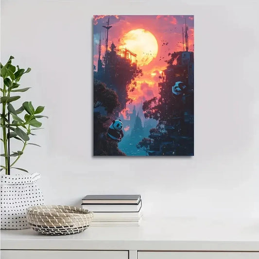 Beautiful Cyberpunk Panda Sunset Sky Painting 40x60cm Metal Print Ready to Hang