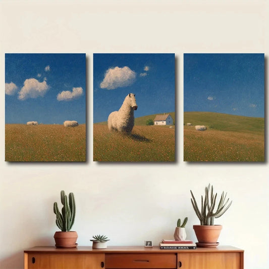 3pcs Grazing Sheep & Cottage Nature Metal Print Ready to Hang Art