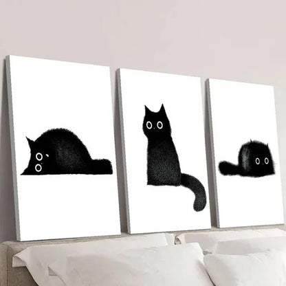 3pcs Black Little Coal Cat Illustration Wall Art Canvas Unframed – High Quality Print 100% Australian Made Wall Canvas