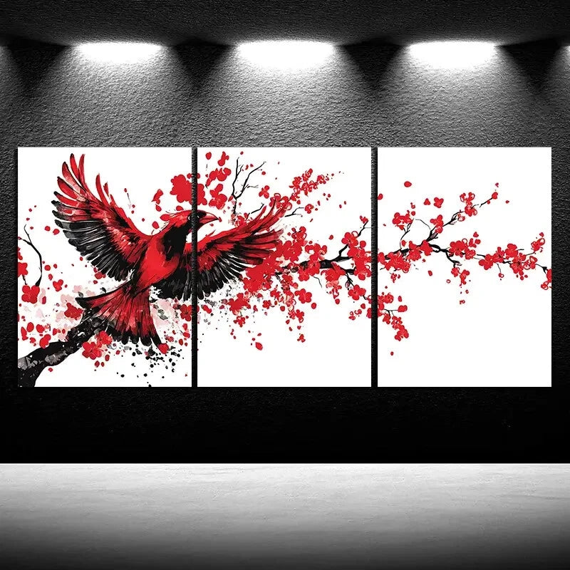 3pcs Birds on Plum Blossom Branches Paintings Metal Print Ready to Hang Art