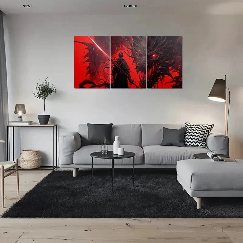 3pcs Fantasy Red and Black Dragon Battle Metal Print Ready to Hang Art