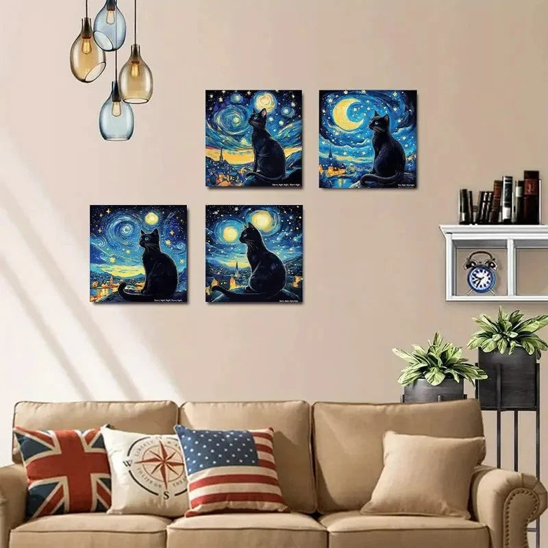 4pcsGogh-Inspired Starry Night Black Cat Wall Art Canvas Framed