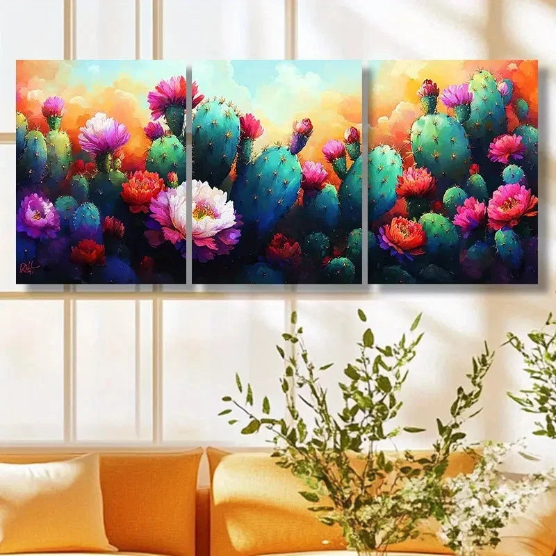 3pcs Vibrant Colorful Cacti Modern Painting Metal Print Ready to Hang Art