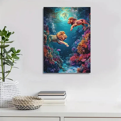 Beautiful Vibrant Lion Duo Underwater Painting 40x60cm Metal Print Ready to Hang