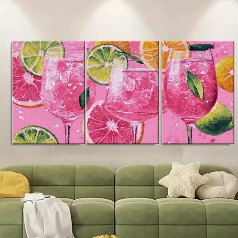 3pcs Retro Bar Cart Cosmopolitan Drink Wall Art Set Canvas Framed 60x90cm - High Quality Print 100% Australian Made Wall Canvas Ready to Hang