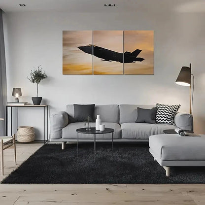 3pcs Jet Silhouette Against Sunset Sky Metal Print Ready to Hang Art