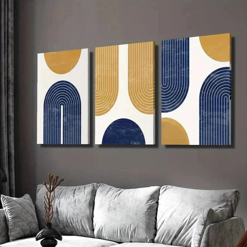 3pcs Golden Navy Blue Geometric Shapes & Lines Wall Art Set Canvas Unframed - High Quality Print 100% Australian Made Wall Canvas