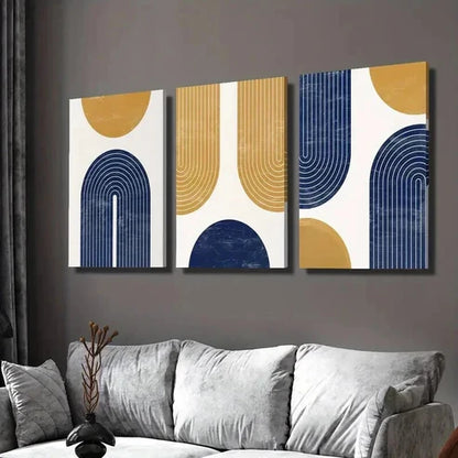 3pcs Golden Navy Blue Geometric Shapes & Lines Wall Art Set Canvas Unframed - High Quality Print 100% Australian Made Wall Canvas