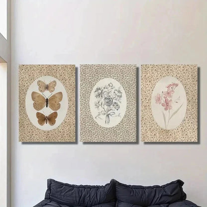 3pcs Vintage Butterfly & Pink Flowers Wall Art Set Canvas Framed 40x60cm - High Quality Print 100% Australian Made Wall Canvas Ready to Hang