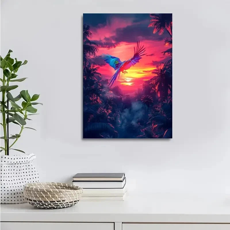 Neon Glow Sunset Scene Tropical Jungle Painting 40x60cm Metal Print Ready to Hang