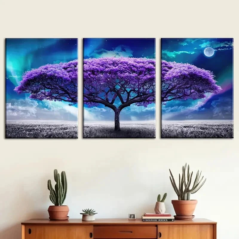 3pcs Purple Tree Life Ucnder Starry Sky Perfect Wall Art Set Canvas Framed 40x60cm - High Quality Print 100% Australian Made Wall Canvas Ready to Hang