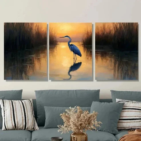 3pcs Blue Heron Sunset Paintings Wall Art Set Canvas Unframed - High Quality Print 100% Australian Made Wall Canvas