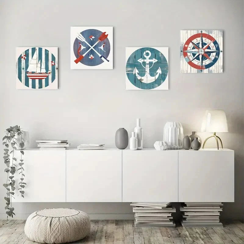 4pcs Anchor Sailboat Compass Classic Marine Navy Wall Art Canvas Framed