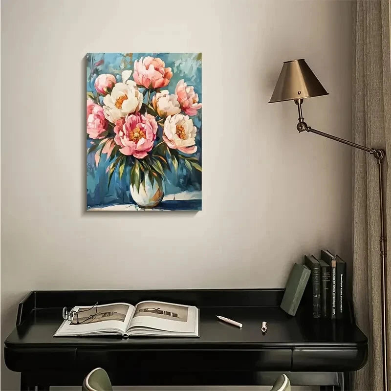Vibrant Pink & White Peonies with Green Stems Painting  40x60cm Metal Print Ready to Hang