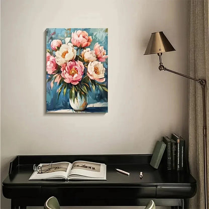 Vibrant Pink & White Peonies with Green Stems Painting  40x60cm Metal Print Ready to Hang