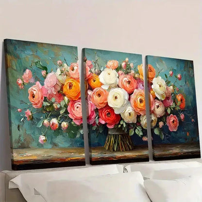 3pcs Vibrant Roses & Peonies in Blue Vase RP Wall Art Set Canvas Unframed - High Quality Print 100% Australian Made Wall Canvas