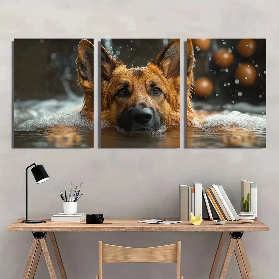 3pcs German Shepherd Dog Bath Golden Balls Metal Print Ready to Hang Art