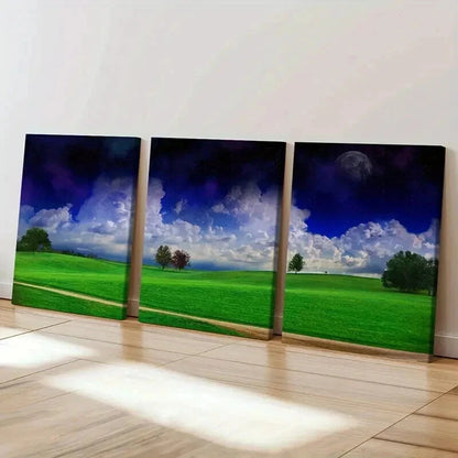 3pcs Lush Meadow Dramatic Cloudy Sky & Trees Wall Art Set Canvas Framed 40x60cm - High Quality Print 100% Australian Made Wall Canvas Ready to Hang
