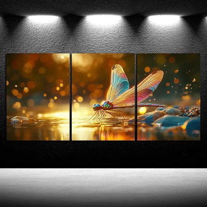 3pcs Featuring Dragonflies on Stone Metal Print Ready to Hang Art