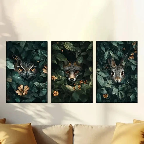 3pcs Owls in the woods, foxes rabbits Wall Art Set Canvas Unframed - High Quality Print 100% Australian Made Wall Canvas