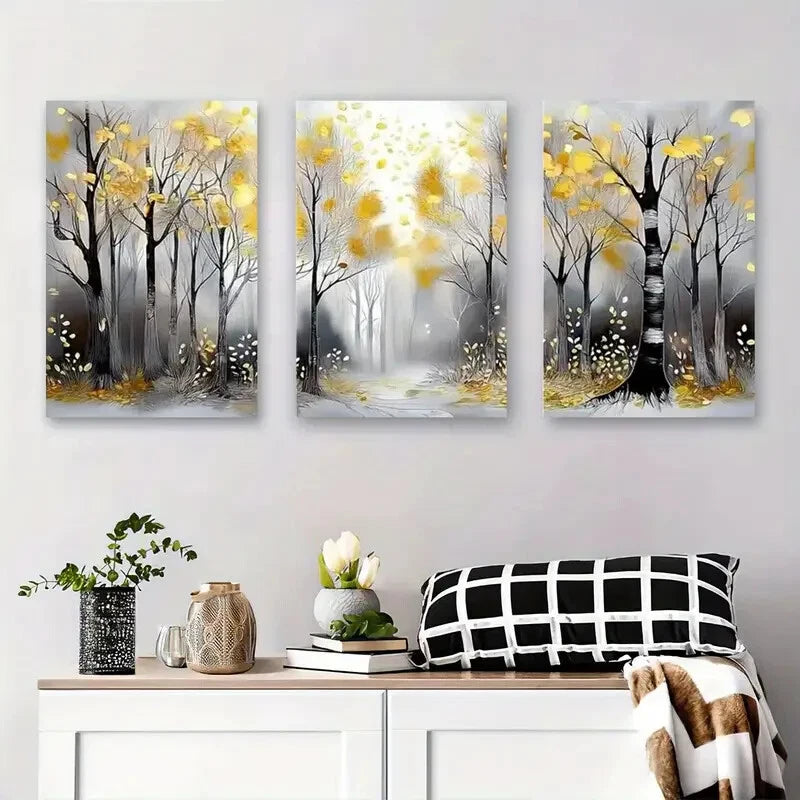 3pcs Golden Leaves & Misty Path Metal Print Ready to Hang Art