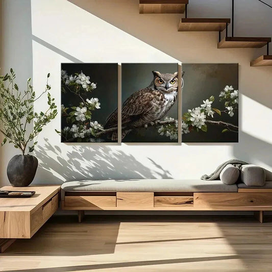 3pcs Owl Artwork Floral Branches Detailed Feathers Metal Print Ready to Hang Art